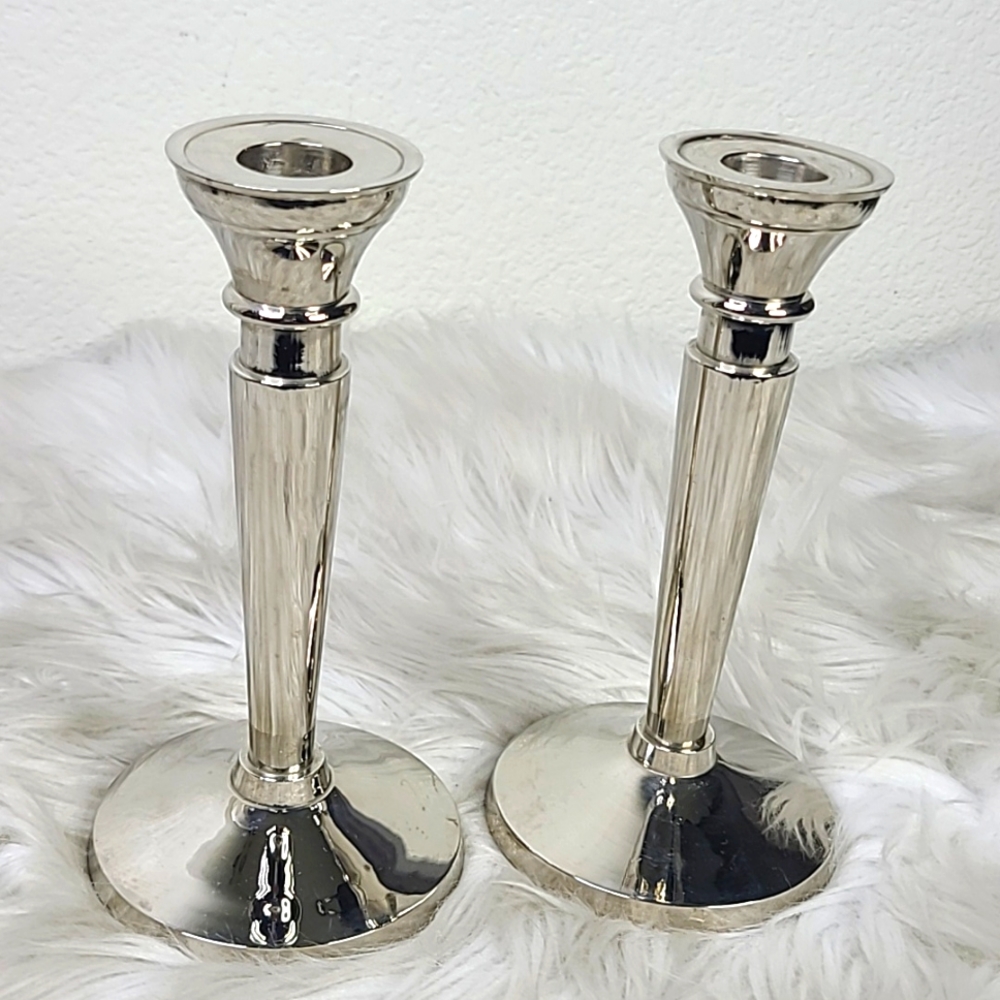 Candlesticks Set 2 Silver Tone Metal Modern Classic Design Home Decor Accent - Picture 3 of 4